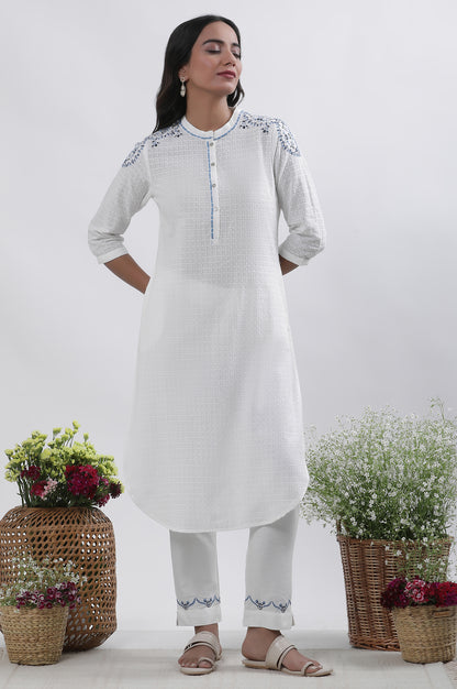 White Cotton Embroidered Kurta And Pants Set