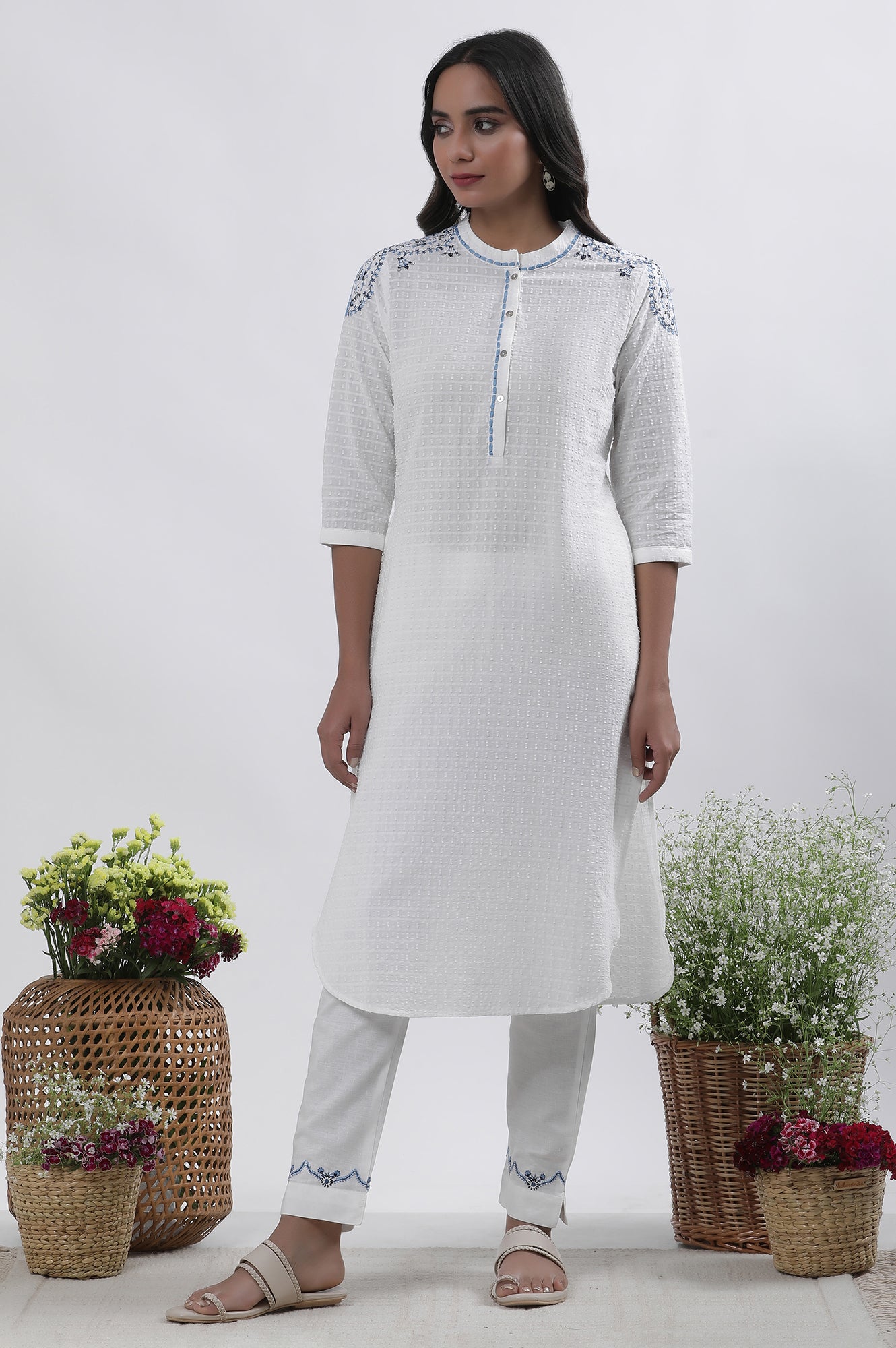 White Cotton Embroidered Kurta And Pants Set