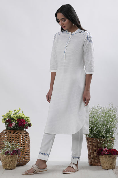 White Cotton Embroidered Kurta And Pants Set