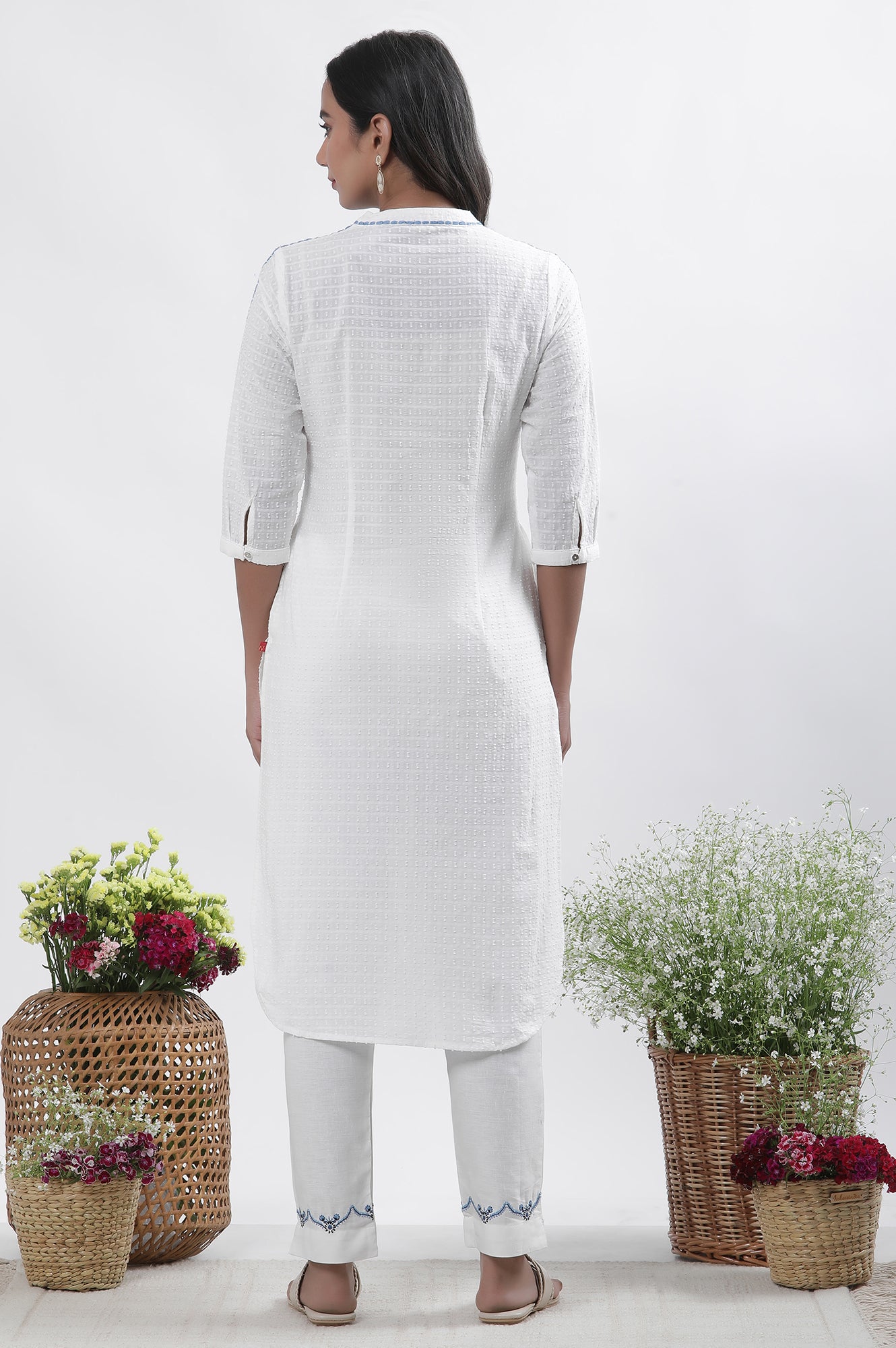 White Cotton Embroidered Kurta And Pants Set