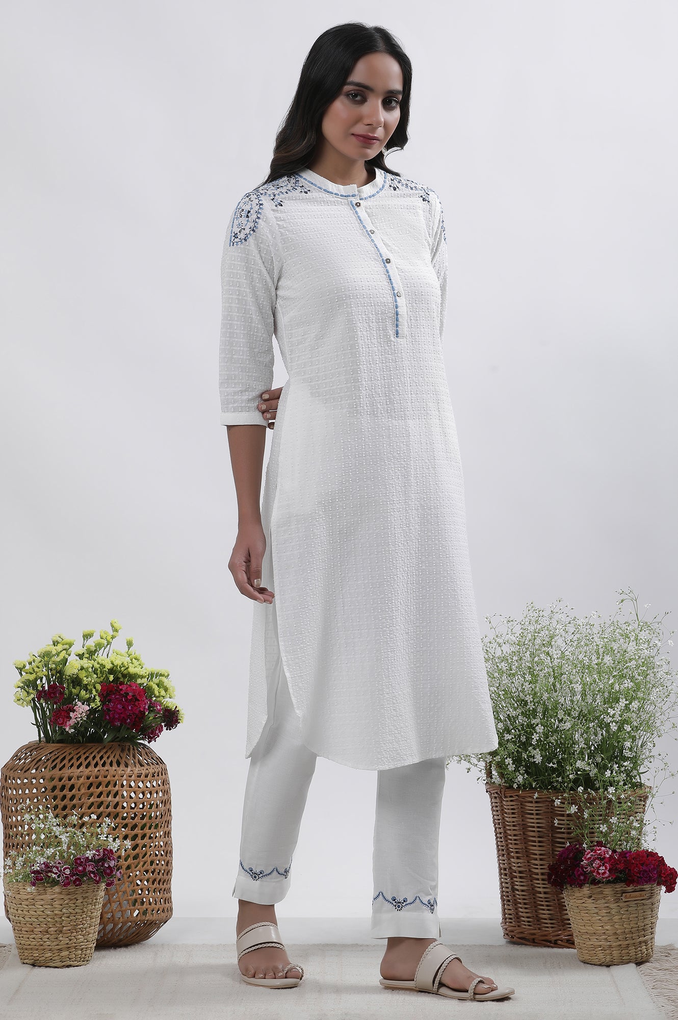 White Cotton Embroidered Kurta And Pants Set