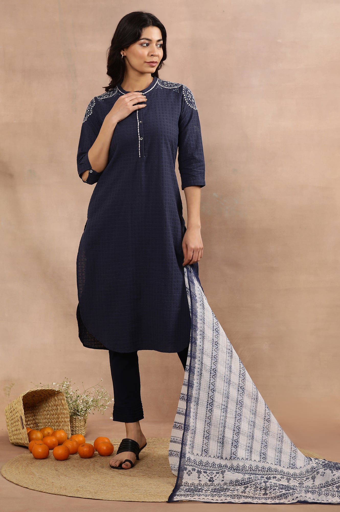 Blue Embroidered Cotton Kurta, Pants And Kota Dupatta Set