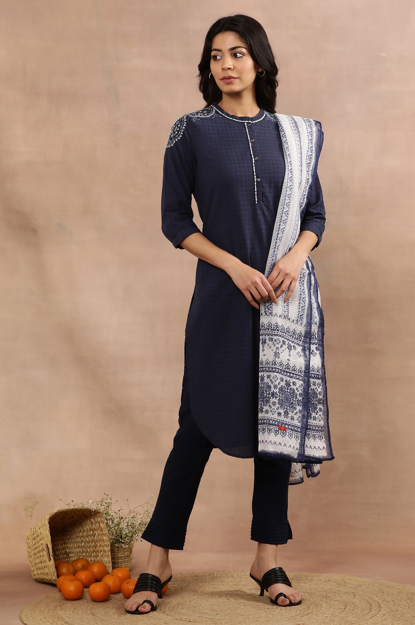 Blue Embroidered Cotton Kurta, Pants And Kota Dupatta Set