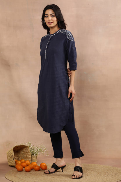 Blue Embroidered Cotton Kurta, Pants And Kota Dupatta Set