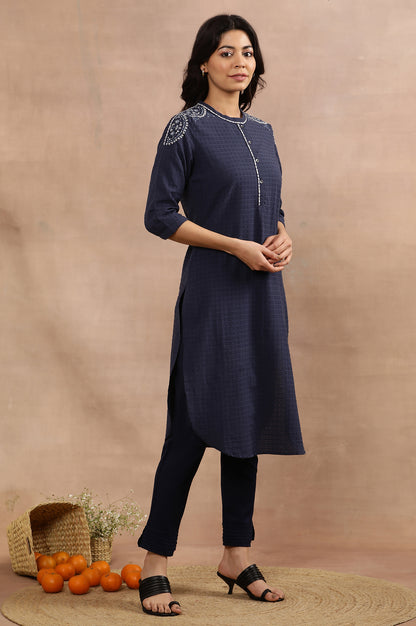 Blue Embroidered Cotton Kurta, Pants And Kota Dupatta Set