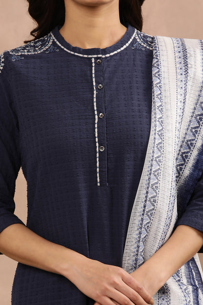 Blue Embroidered Cotton Kurta, Pants And Kota Dupatta Set