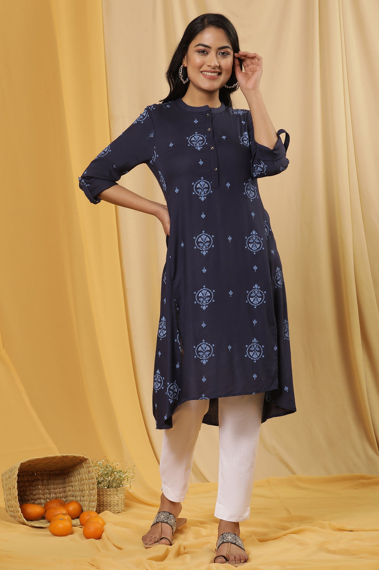 Navy Blue Printed High Low Kurta And Pants Set