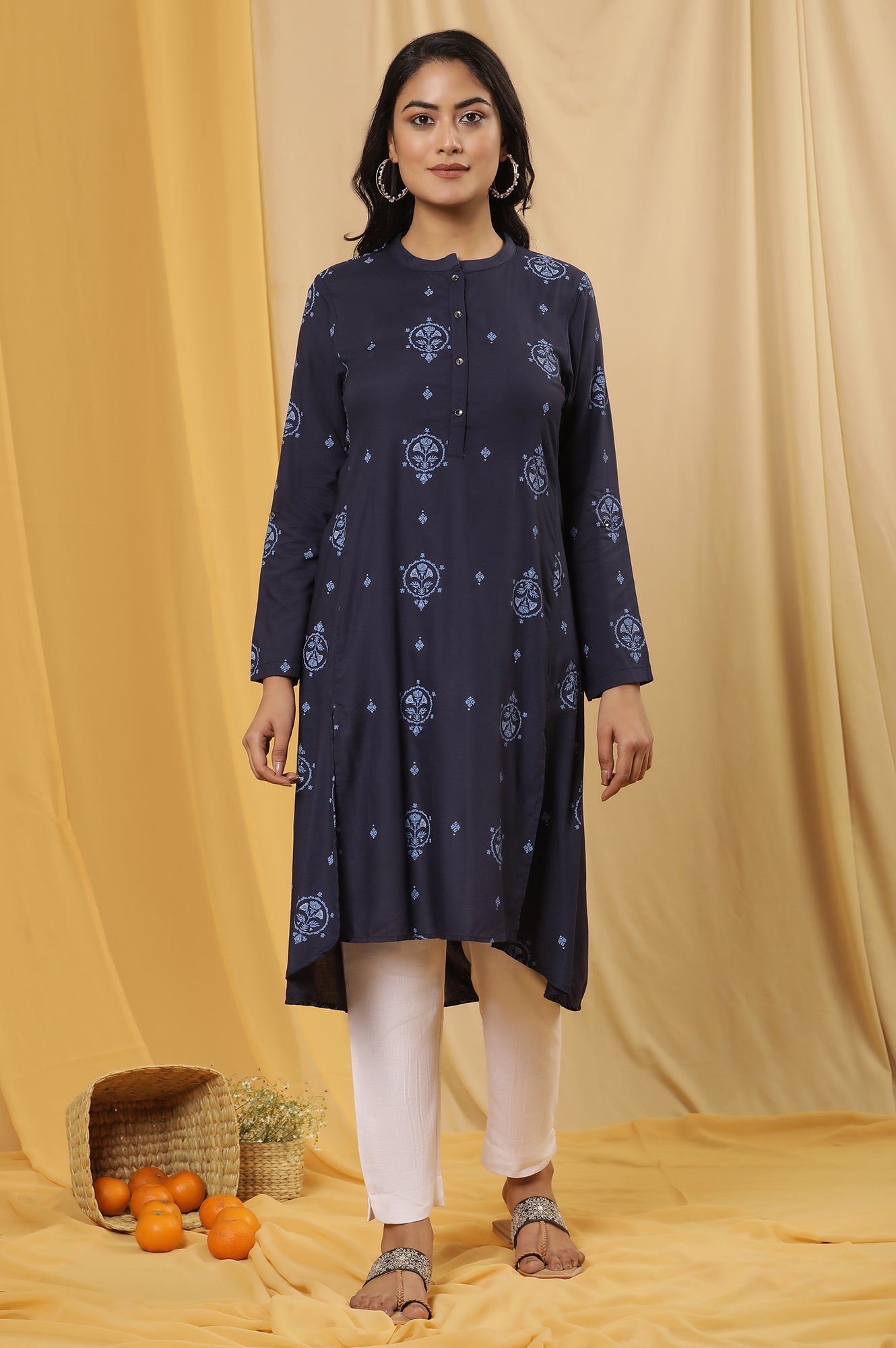 Navy Blue Printed High Low Kurta And Pants Set