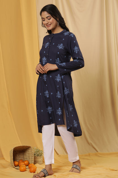 Navy Blue Printed High Low Kurta And Pants Set