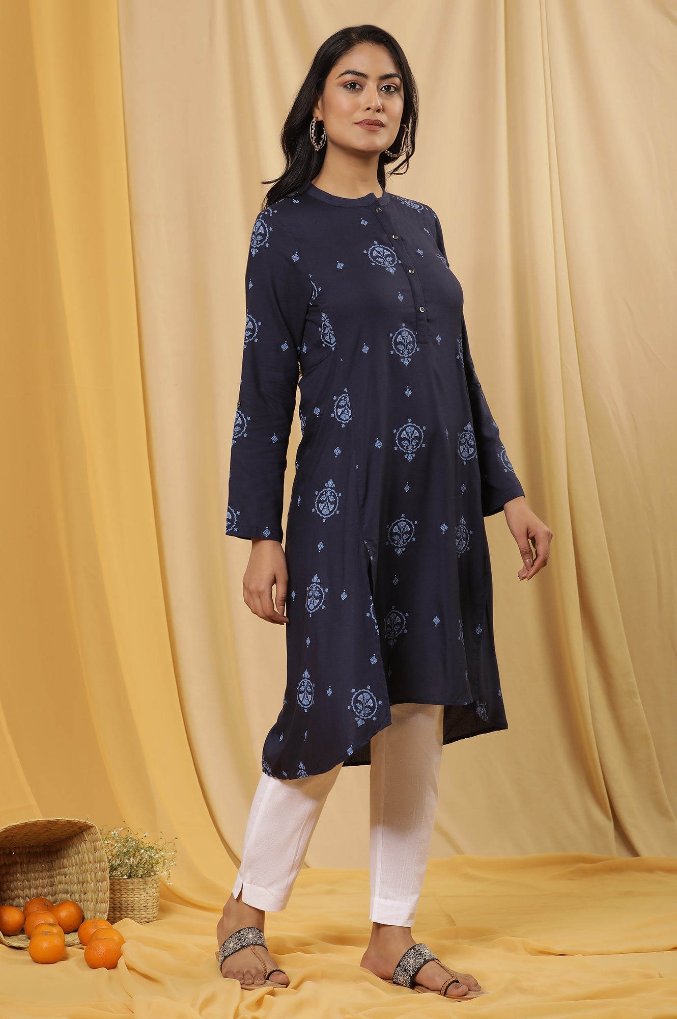 Navy Blue Printed High Low Kurta And Pants Set