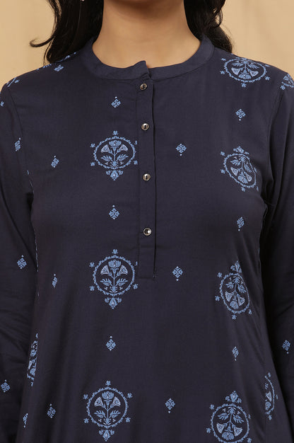 Navy Blue Printed High Low Kurta And Pants Set