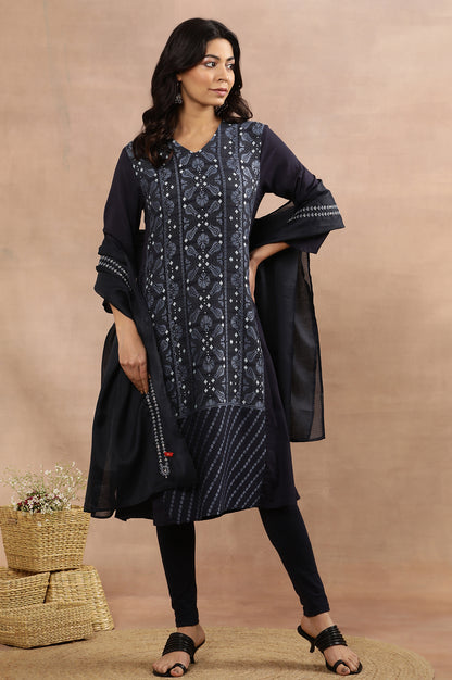 Blue Suzani Printed Kurta, Tights And Kota Dupatta