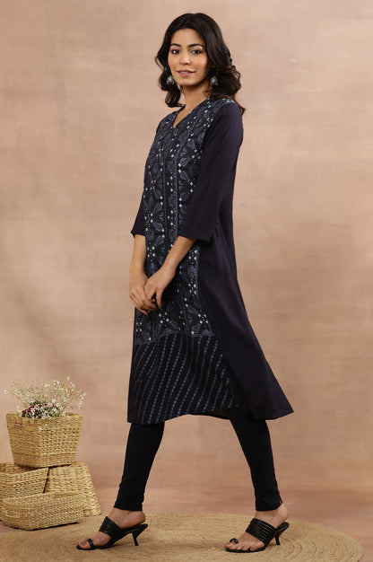 Blue Suzani Printed Kurta, Tights And Kota Dupatta