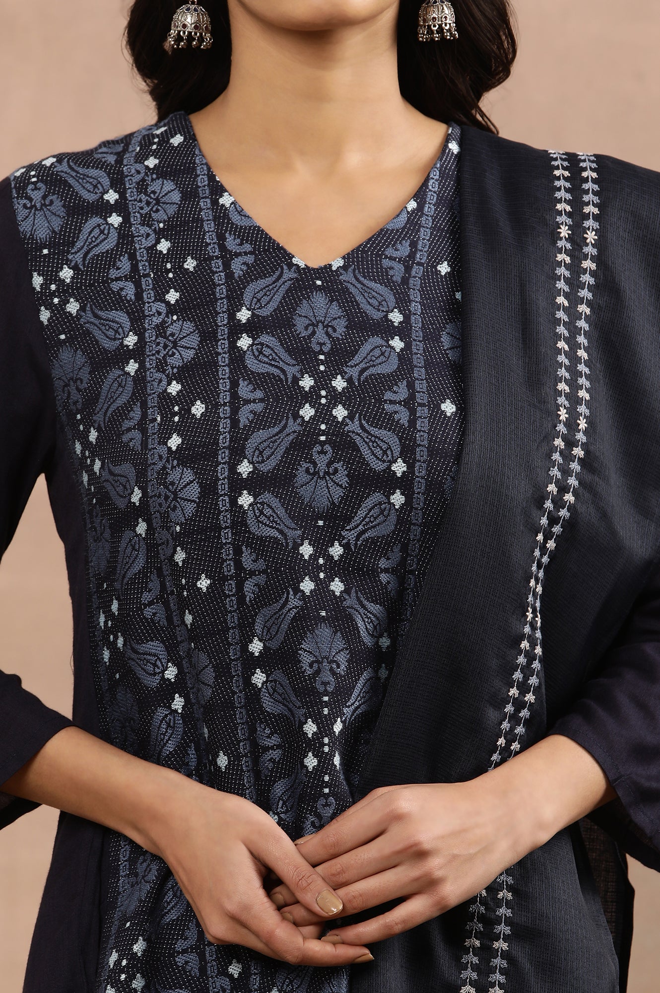 Blue Suzani Printed Kurta, Tights And Kota Dupatta