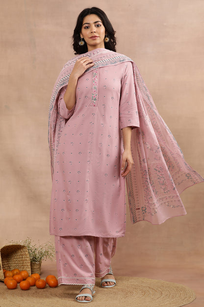 Purple Printed Kurta, Parallel Pants And Dupatta Set