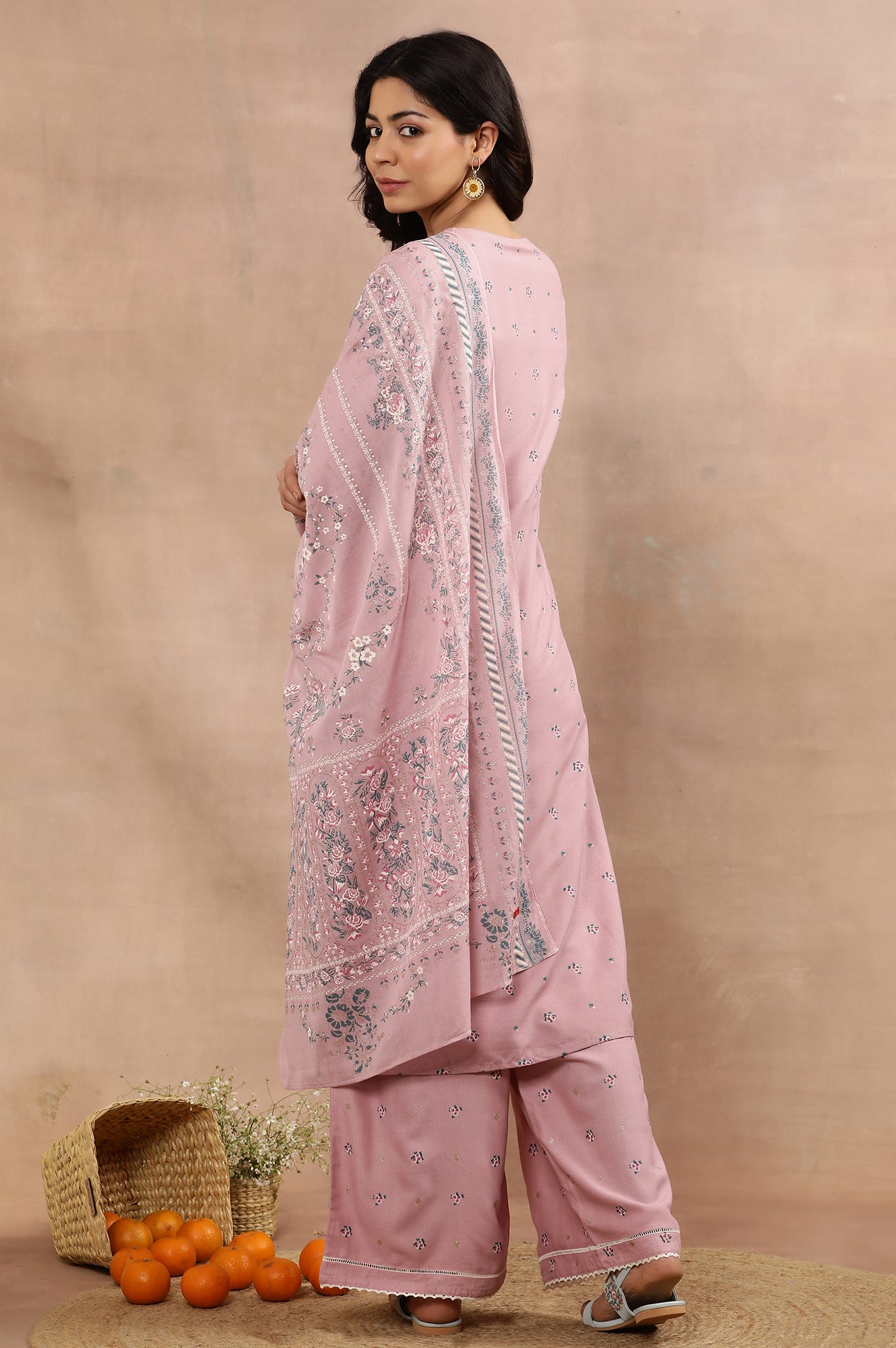 Purple Printed Kurta, Parallel Pants And Dupatta Set