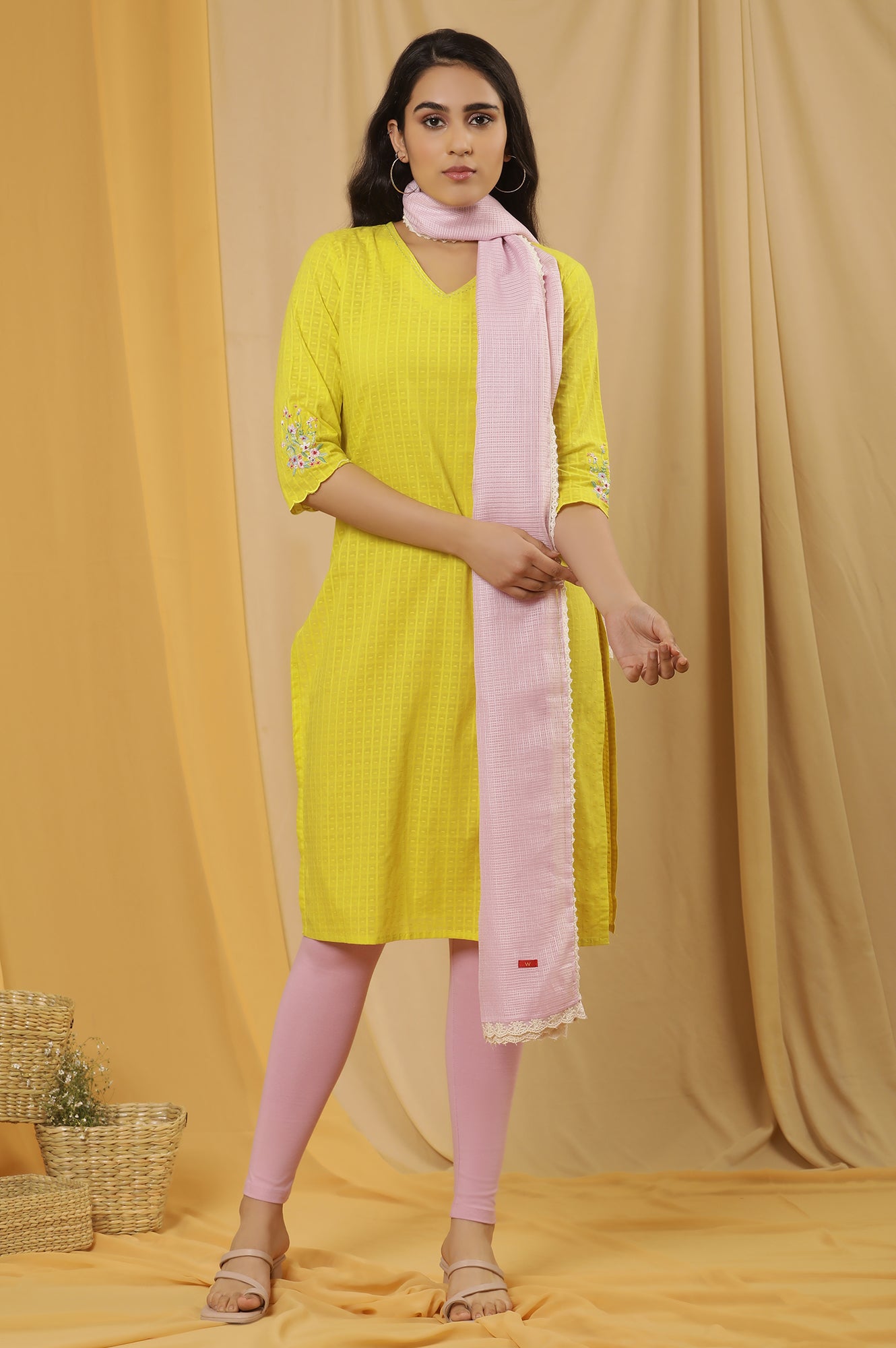 Yellow Textured Embroidered Kurta, Tights And Dupatta Set