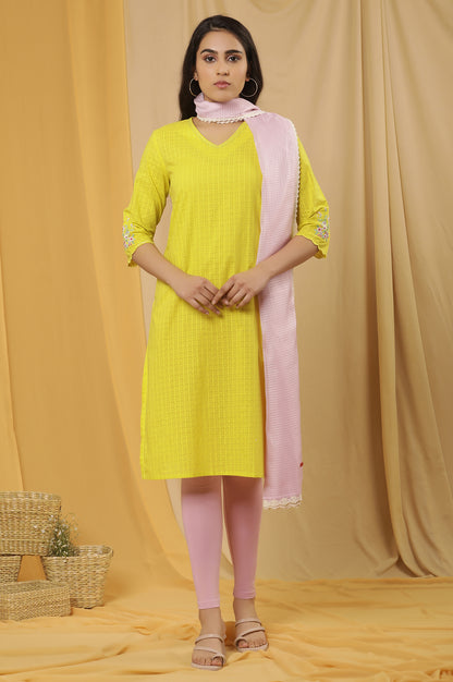 Yellow Textured Embroidered Kurta, Tights And Dupatta Set