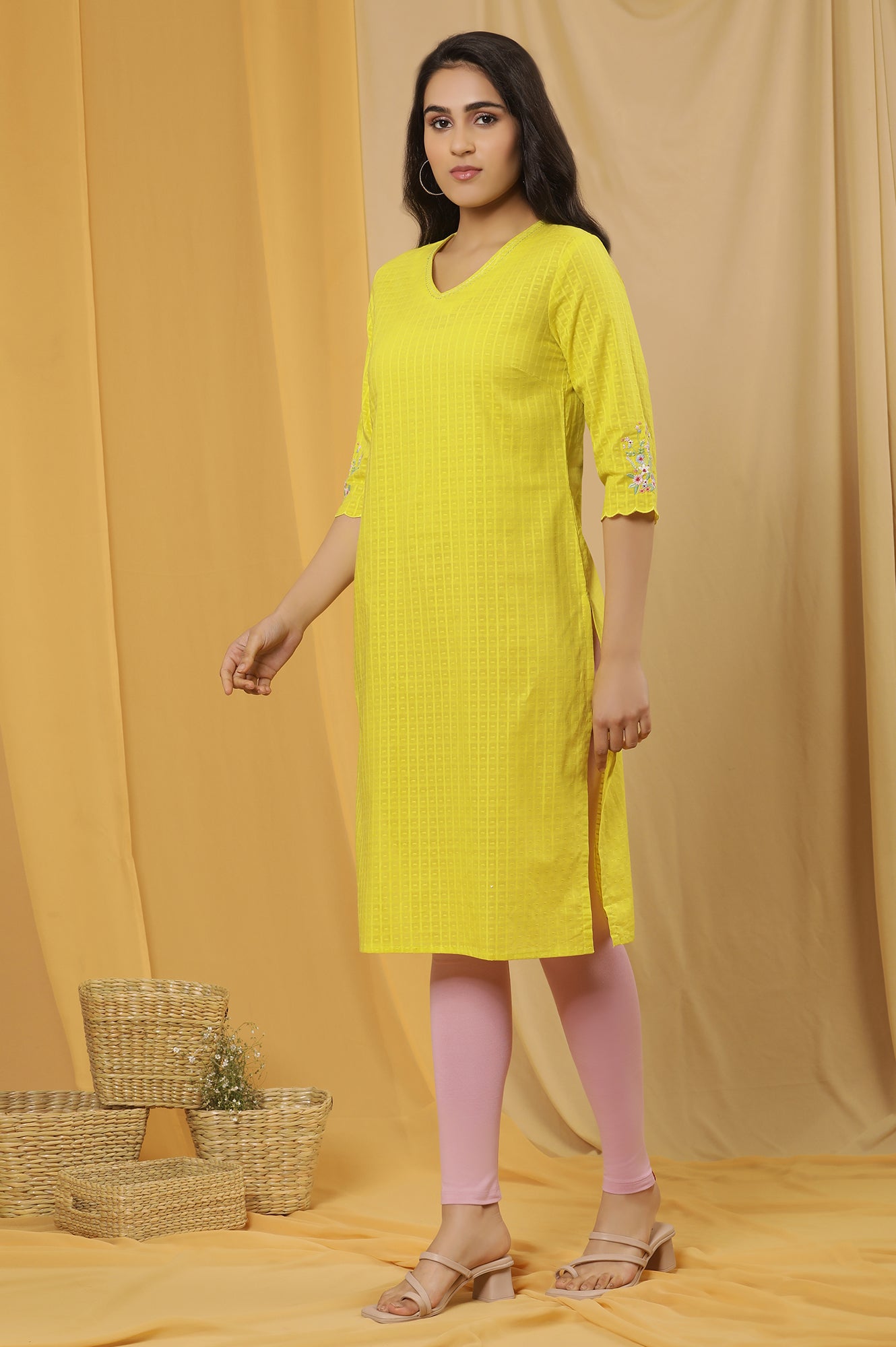 Yellow Textured Embroidered Kurta, Tights And Dupatta Set