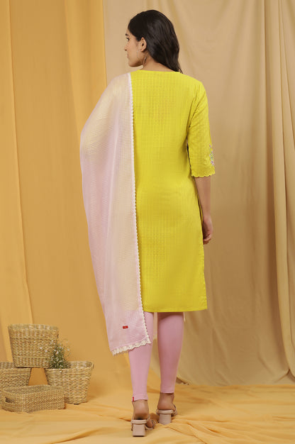 Yellow Textured Embroidered Kurta, Tights And Dupatta Set