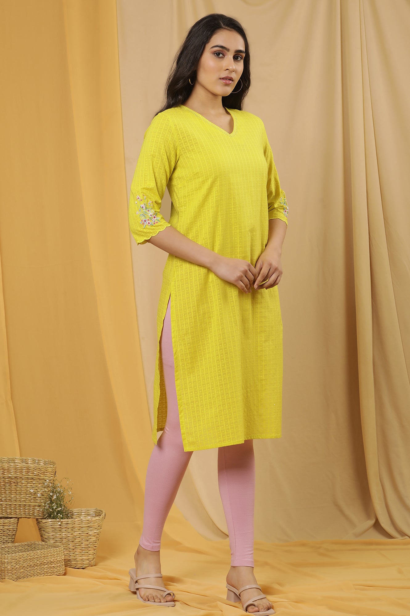 Yellow Textured Embroidered Kurta, Tights And Dupatta Set