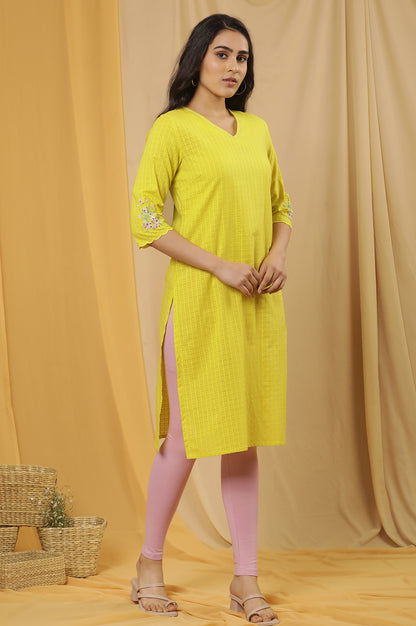 Yellow Textured Embroidered Kurta, Tights And Dupatta Set