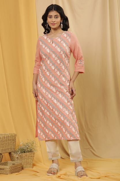 Peach Printed Straight Kurta And Embellished Slim Pants