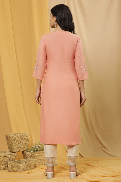 Peach Printed Straight Kurta And Embellished Slim Pants