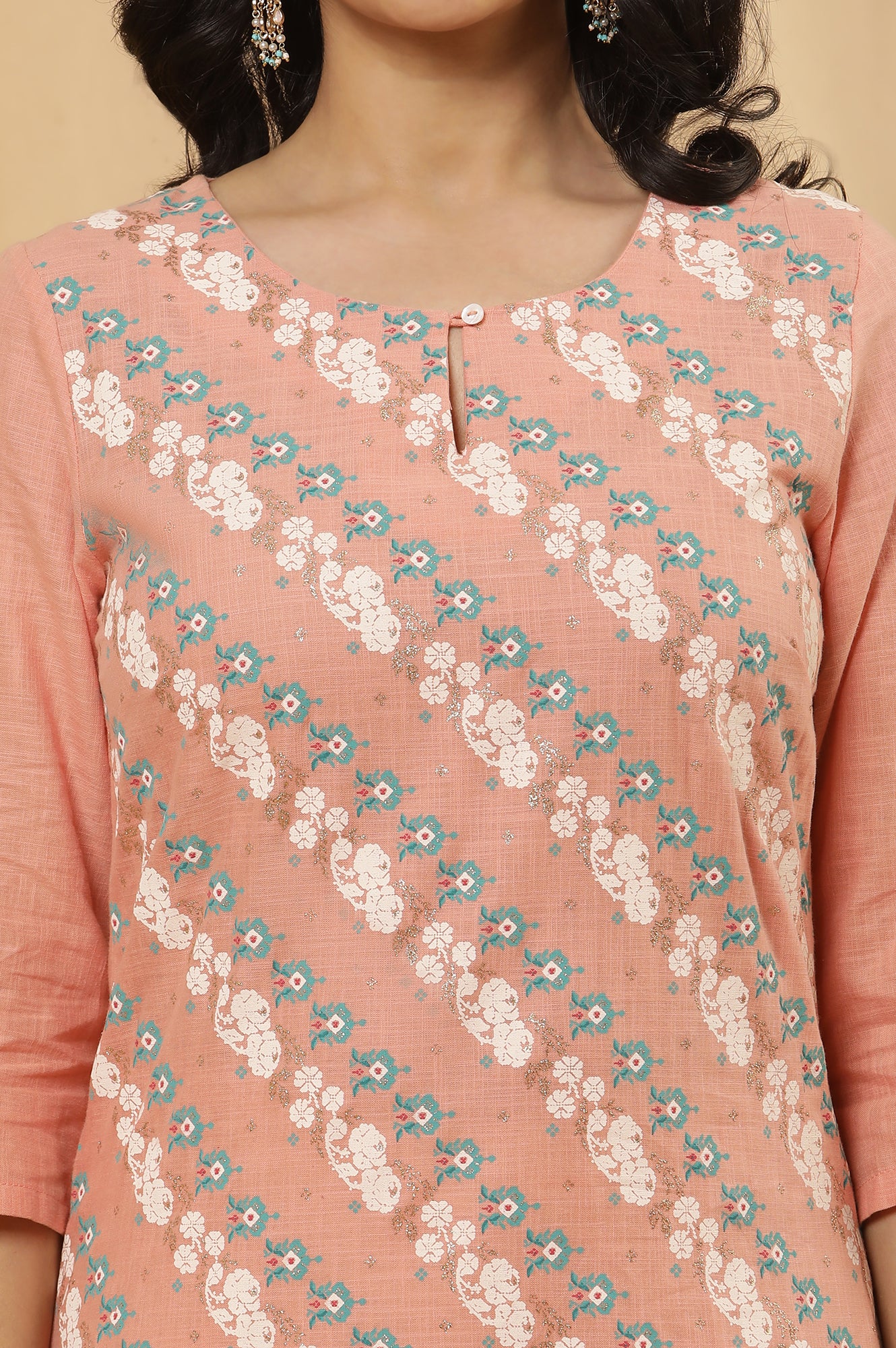 Peach Printed Straight Kurta And Embellished Slim Pants