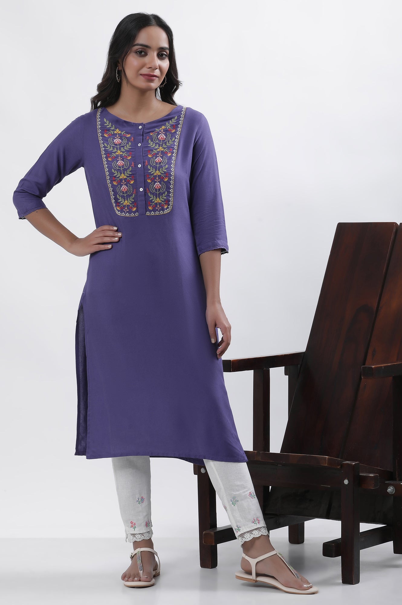 Purple Embroidered Straight Kurta And Pants Set