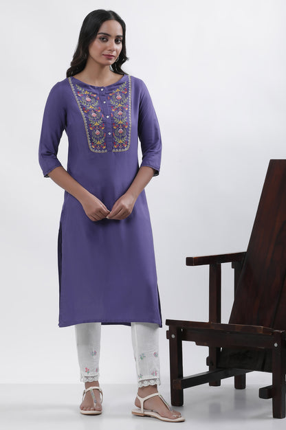 Purple Embroidered Straight Kurta And Pants Set