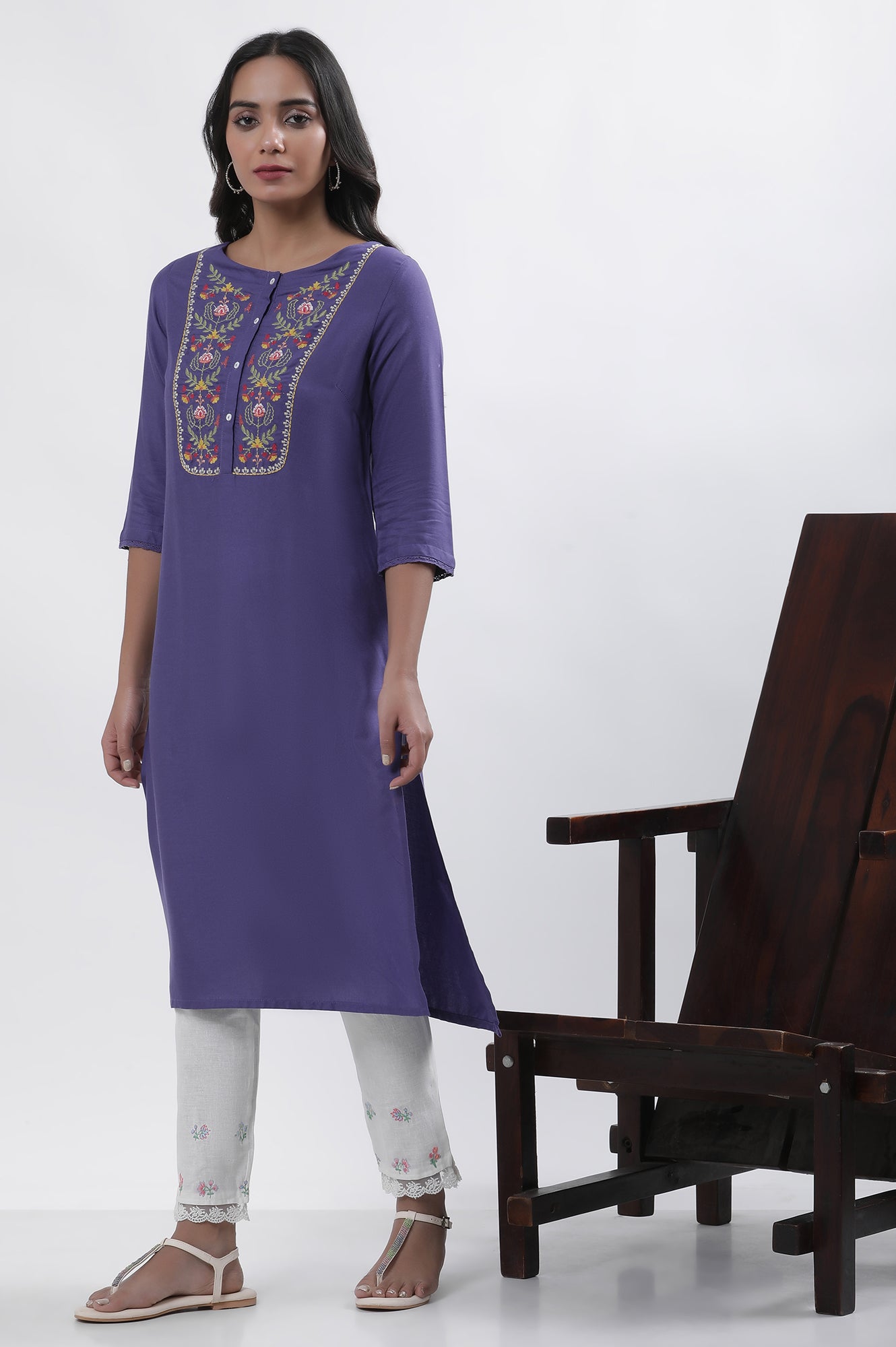 Purple Embroidered Straight Kurta And Pants Set