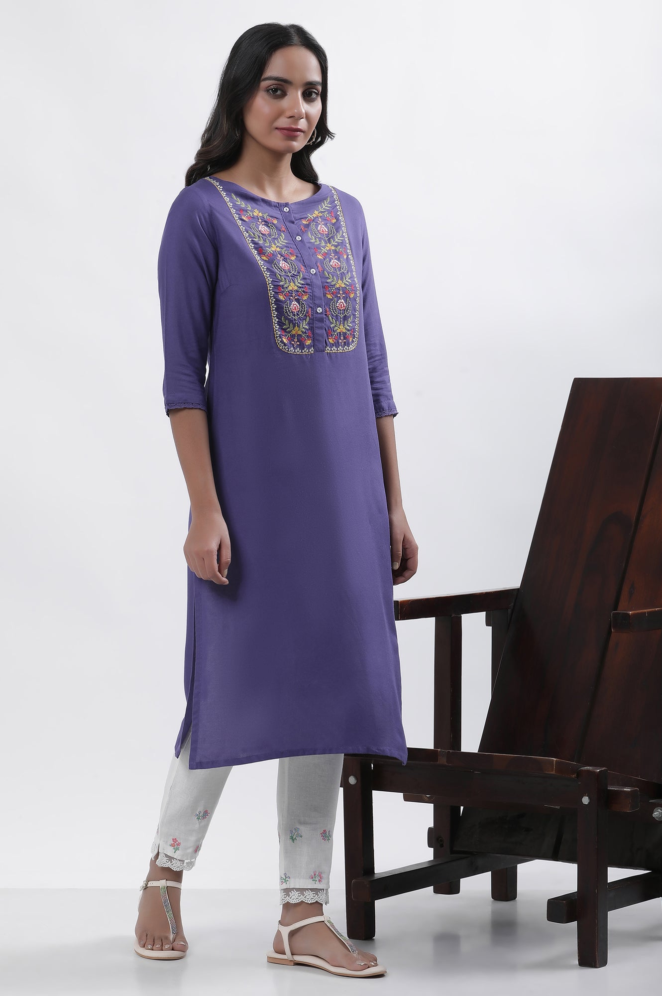 Purple Embroidered Straight Kurta And Pants Set