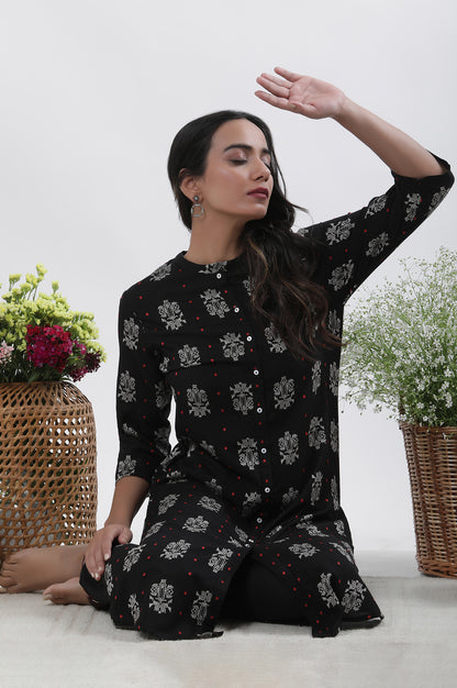 Black Printed Shirt Kurta And Pants Set