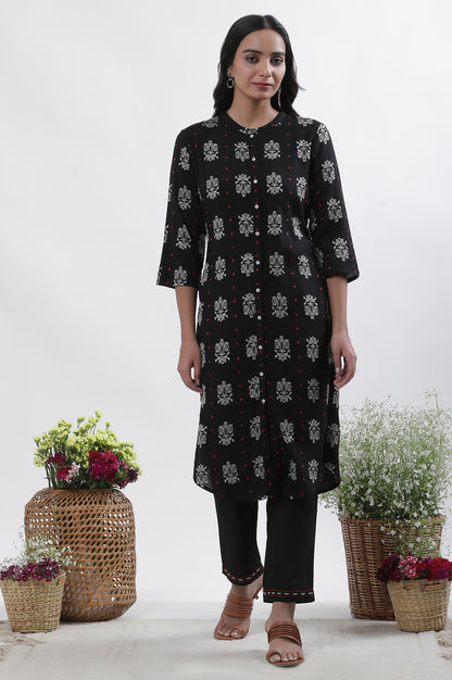 Black Printed Shirt Kurta And Pants Set