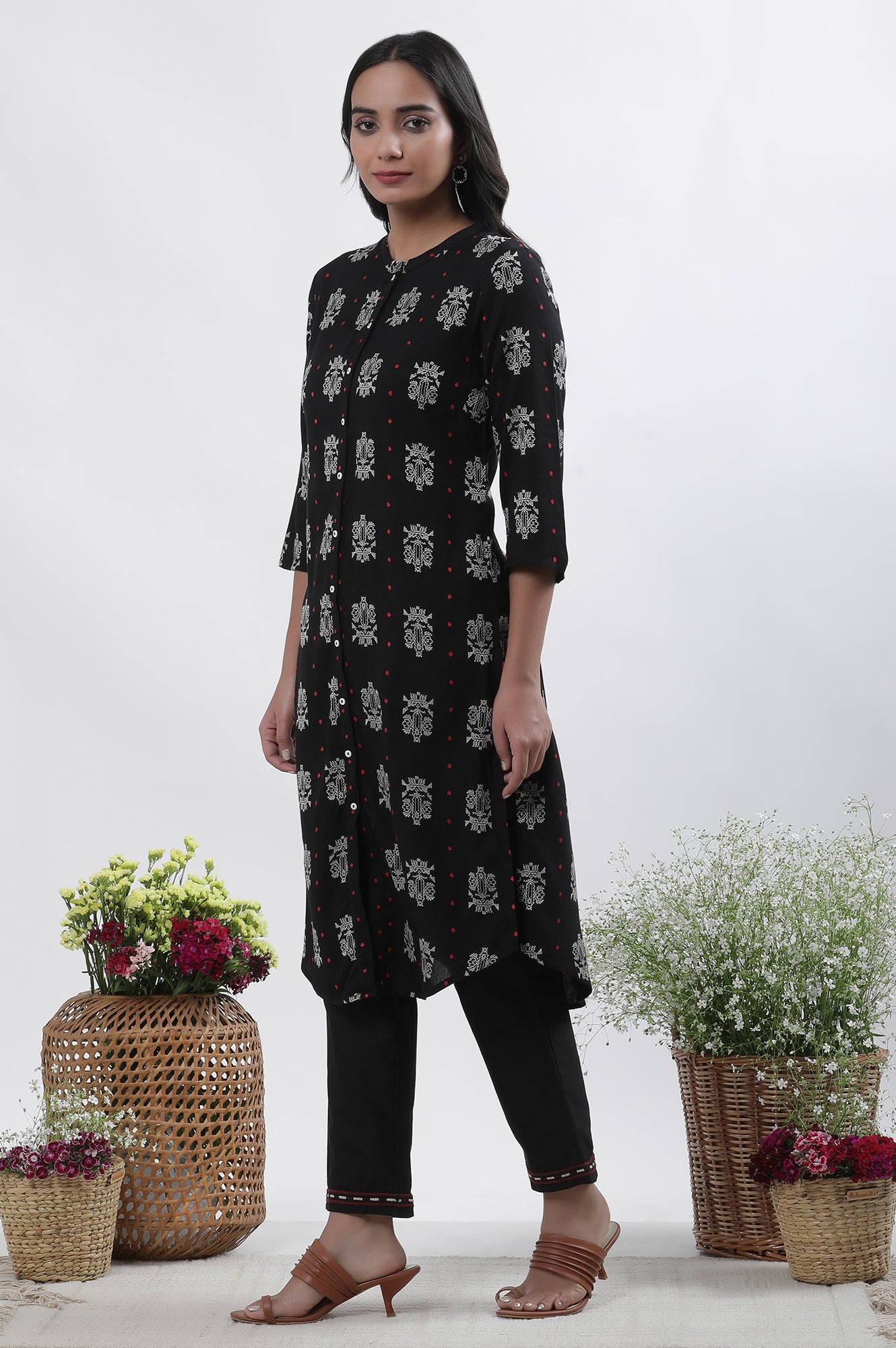 Black Printed Shirt Kurta And Pants Set