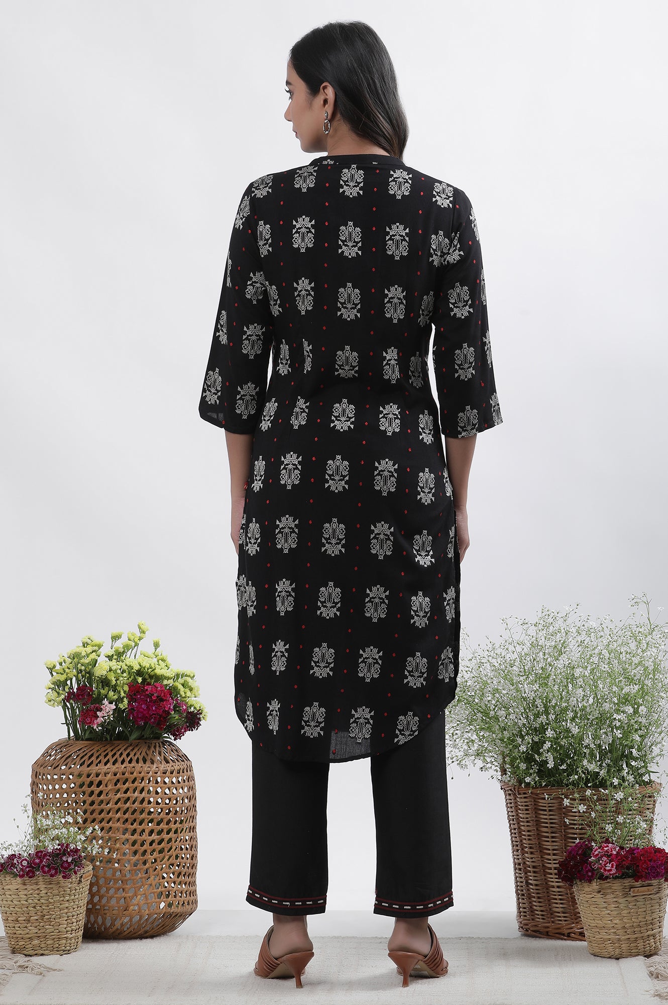 Black Printed Shirt Kurta And Pants Set