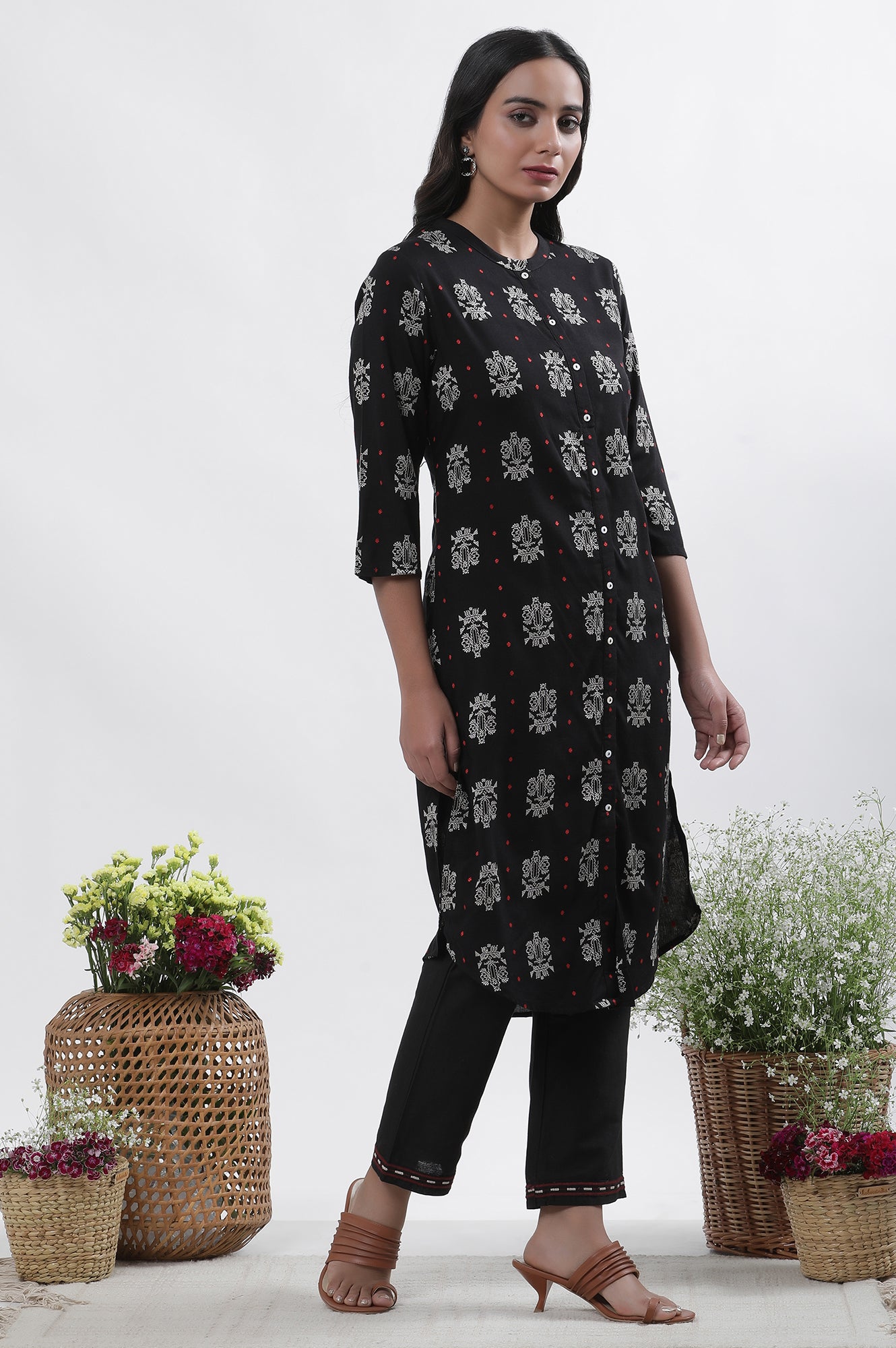 Black Printed Shirt Kurta And Pants Set