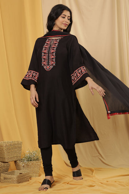 Black A-Lien Embroidered Kurta, Tights And Dupatta Set