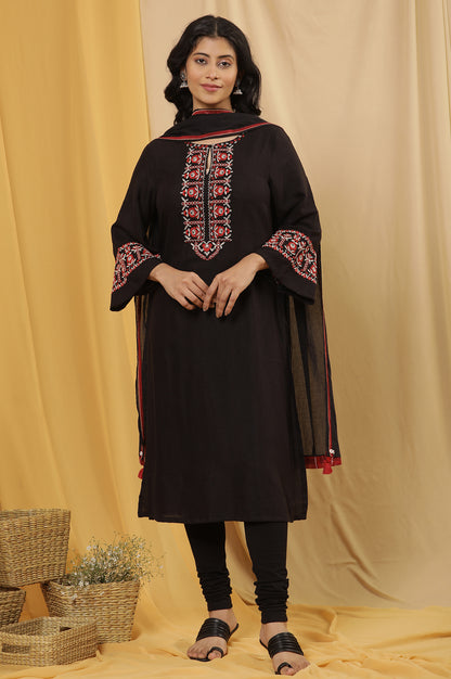 Black A-Lien Embroidered Kurta, Tights And Dupatta Set