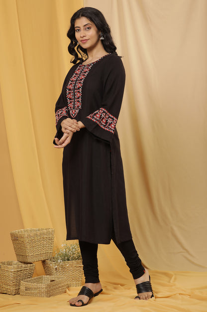 Black A-Lien Embroidered Kurta, Tights And Dupatta Set