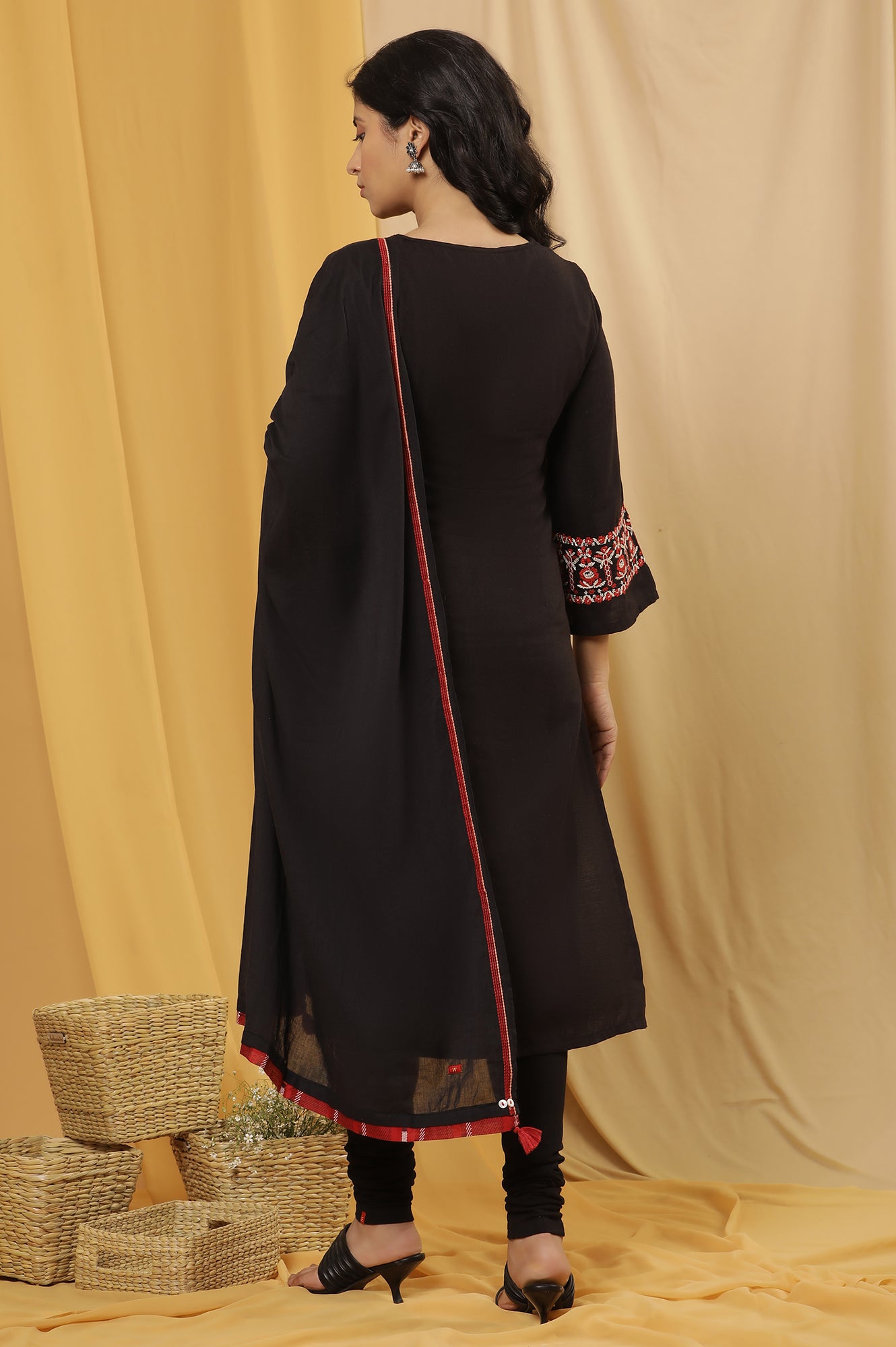 Black A-Lien Embroidered Kurta, Tights And Dupatta Set