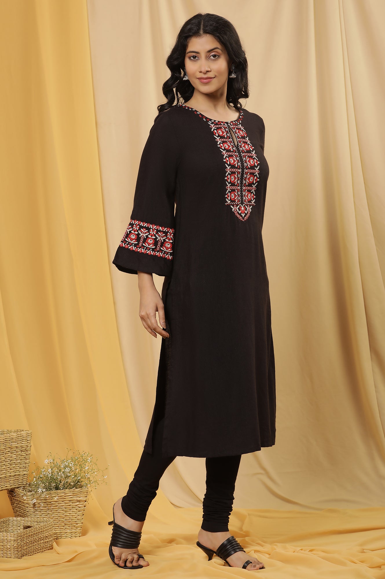 Black A-Lien Embroidered Kurta, Tights And Dupatta Set