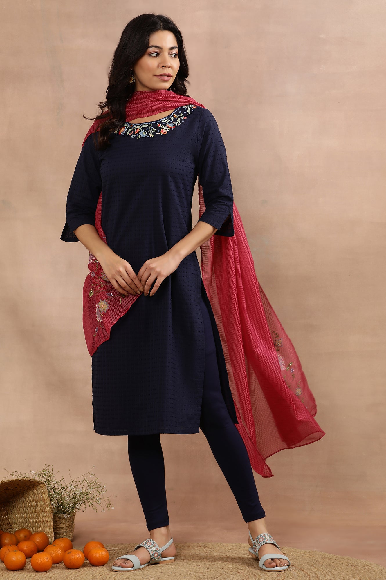 Blue Embroidered Cotton Kurta, Tights And Pink Dupatta