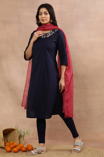 Blue Embroidered Cotton Kurta, Tights And Pink Dupatta