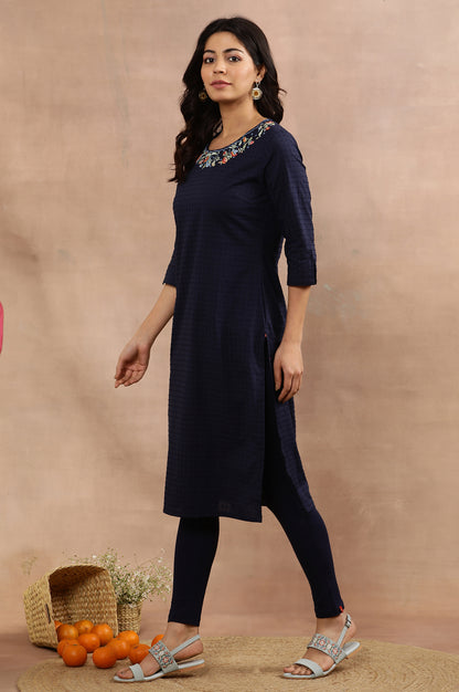 Blue Embroidered Cotton Kurta, Tights And Pink Dupatta