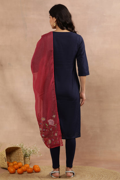 Blue Embroidered Cotton Kurta, Tights And Pink Dupatta