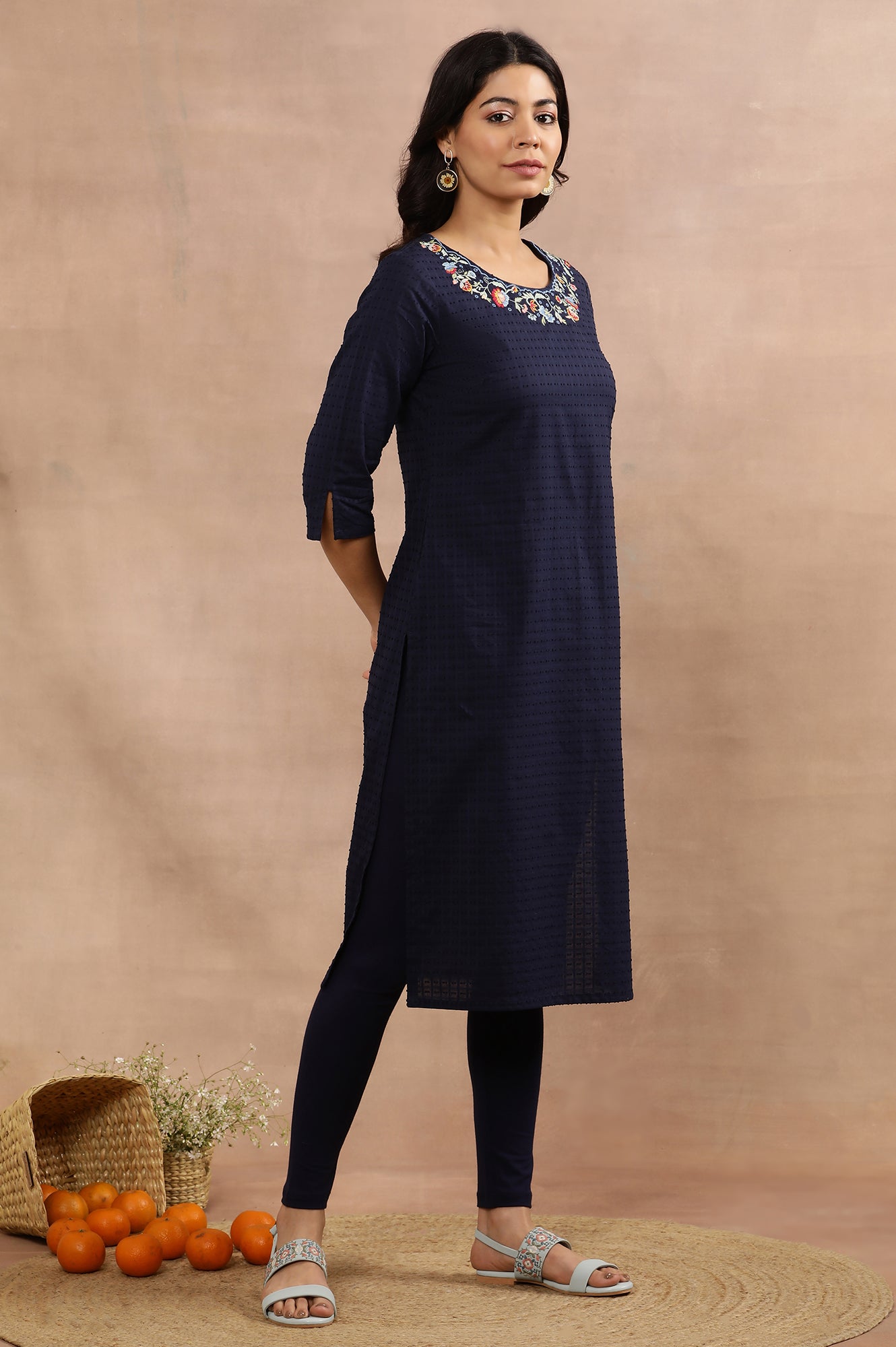 Blue Embroidered Cotton Kurta, Tights And Pink Dupatta