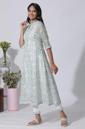 White Floral Printed Kota Kurta And Pants Set - wforwoman