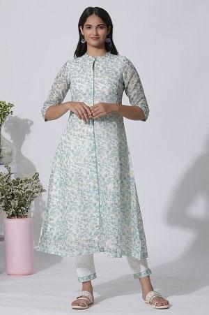 White Floral Printed Kota Kurta And Pants Set - wforwoman